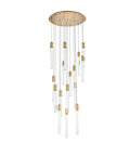 Top Shelf Modern Ceiling Pendant Light Featuring 16 Bright Crystal Accents In Sleek Satin Gold Finish hanging elegantly with clear crystal bars.