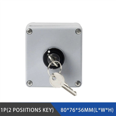 Front view of gray cast-aluminum junction box with central key lock, 1P, 80x76x56 mm