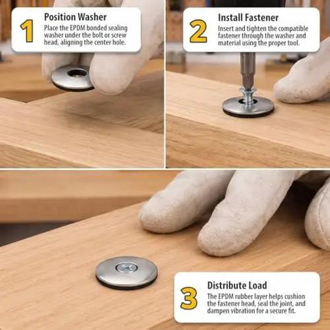 Heavy Duty Number Six EPDM Bonded Sealing Washers With 304 Stainless Steel Core And Tight Rubber Face For Roofing Screws Straight Up Weatherproof Top Shelf Fastening Hardware 500 Pack installation steps on wood.