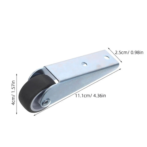 Four Piece Heavy Duty Sliding Door Track Rollers With Solid Steel Core And Premium Rubber Wheels For A Slick Silent Glide No Sweat Side Mount Setup On Closet Or Kitchen Doors, steel roller with rubber wheel, dimensions shown.