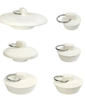 Six Slick Rubber Sink Drain Plug With Quick Pull Grip Ring, assorted sizes, sharp white tone, for kitchen and bathroom use.
