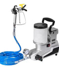 Real Deal High Pressure Airless Paint Sprayer With Fast 1600W All Copper Motor For Water Based Latex And Emulsion Projects, showing sprayer and hose.