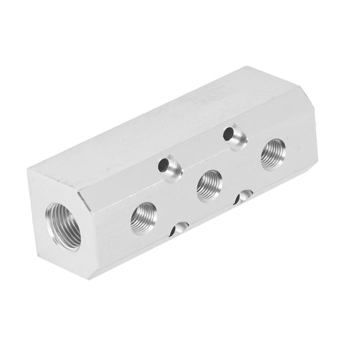 Heavy Duty Aluminium Pneumatic Manifold Block With Leakproof Sealing For Factory Use, 40x40mm Distribution, G1/2 Inlet And G1/4 Outlet, Durable Air Line Block SY40-02-3F image showing side view with multiple outlets.