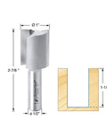Carbide Tipped Straight Plunge Router Bit Built For Heavy Duty Production 1 Inch Diameter, 1-1/4 Inch Cutting Height, 1/2 Inch Shank, Two Flutes For Minimal Vibration And A Smooth Finish, 2-7/8 Inch Overall Length shown with dimensions