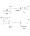 Technical drawing of 24 Pack 4 Inch Square Adjustable LED Recessed Lights dimensions and connections, showing 9 inches wide layout.
