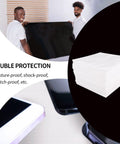 Men holding screen with 50 Pack 16x16 Cushion Foam Pouches With Anti Static Film For Moving And Packing, shown beside devices.