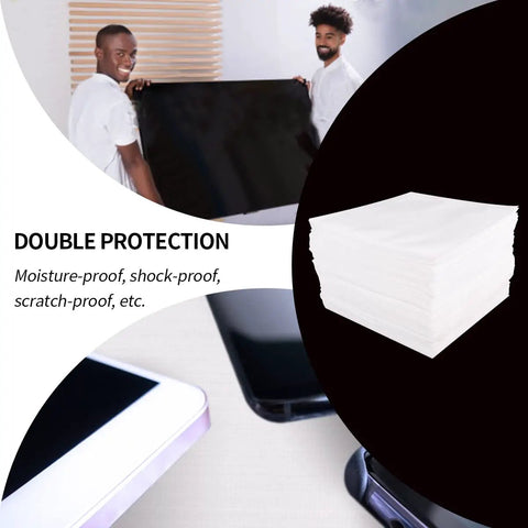 Men holding screen with 50 Pack 16x16 Cushion Foam Pouches With Anti Static Film For Moving And Packing, shown beside devices.