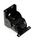 Angled view of black industrial locking hinge bracket for foldable table legs, 90-degree, high-load