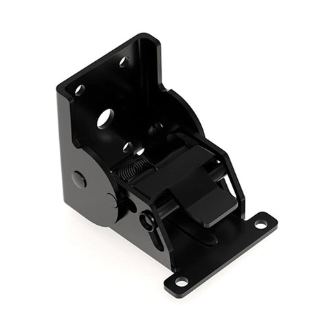 Angled view of black industrial locking hinge bracket for foldable table legs, 90-degree, high-load
