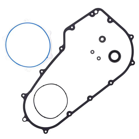 Heavy Duty Motorcycle Engine Clutch Primary Cover Gasket 60547-06 Straight Shot Replacement For Harley Davidson Breakout Fat Bob Low Rider Softail Springer, detailed view of black gasket and blue seal.