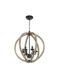 Orb 6 Light Farmhouse Chandelier in brown wood finish with globe design, rustic hanging fixture for cozy farmhouse vibe