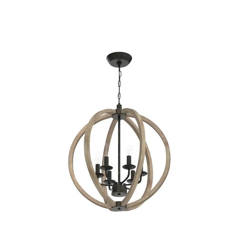 Orb 6 Light Farmhouse Chandelier in brown wood finish with globe design, rustic hanging fixture for cozy farmhouse vibe