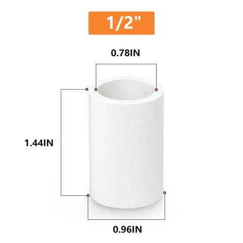 One Half Inch PVC Coupling For Home Or Industrial Use Built For DIY Projects Furniture Grade Pipe Socket Fittings PVC Pipe Connector with visible measurements