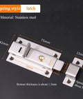 Heavy Duty Stainless Steel Gate Latch Rock Solid Sliding Spring Barrel Bolt With Brass Push Button, dimensions shown, ready for installation.