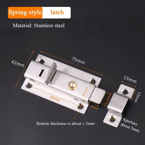 Heavy Duty Stainless Steel Gate Latch Rock Solid Sliding Spring Barrel Bolt With Brass Push Button, dimensions shown, ready for installation.