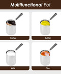 Turkish Coffee Pot And Milk Frothing Jug 21oz 600ml Stainless Steel Toroid Pitcher with coffee, butter, milk, and tea.