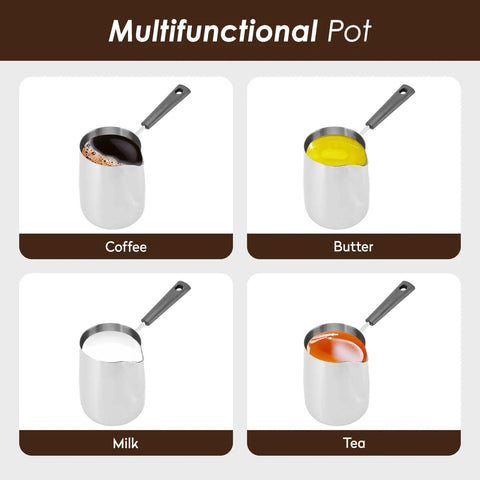 Turkish Coffee Pot And Milk Frothing Jug 21oz 600ml Stainless Steel Toroid Pitcher with coffee, butter, milk, and tea.