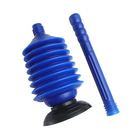 Heavy Duty Toilet Plunger Slays Stubborn Bathroom Clogs Quickly Without Breaking A Sweat Using Legit High Pressure Suction And Ergonomic Grip Handle, blue rubber with solid handle.