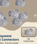 Built Like A Tank Zinc Alloy Squeeze Connectors for 1 Inch Conduit, 20-Piece Extra Heavy Duty fittings displayed together.