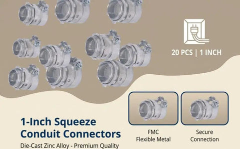 Built Like A Tank Zinc Alloy Squeeze Connectors for 1 Inch Conduit, 20-Piece Extra Heavy Duty fittings displayed together.