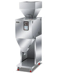 Slick Stainless Steel Automatic Particle Filler Machine With Smart Digital Hopper Plus Three Speed Controls For Flour Beans Rice Spot On Weight Scaling No Sweat Packaging Setup Up To Five Thousand Grams, front view with display panel.