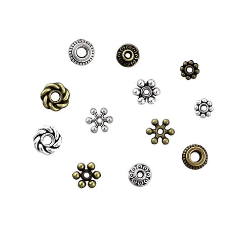 Totally Snazzy Bulk Silver Spacer Bead Collection Featuring Six Wild Shapes Like Daisy Gear Bicone And Flower Charms Crafted For Kicking Off Epic Bracelet Necklace Or Earring Crafting Sessions Today