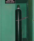 Heavy Duty Medical Gas Cylinder Storage Cabinet For Clinics holds portable oxygen tank, chain secured in green enclosure.