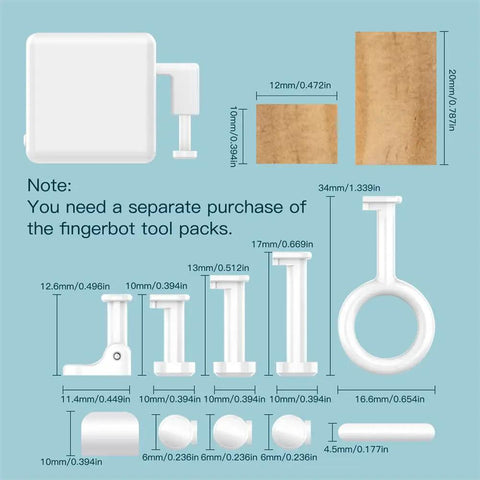 "2nd Gen Smart Bluetooth Fingerbot Plus Wireless Light Switch Button Pusher component dimensions and tool pack requirement"