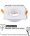 Two Pack Of Crisp White Square Recessed Lighting Trims With Angled Gu10 Downlight Housing And A Snug 3.07 Inch Ceiling Cutout showcasing side length 92 mm.