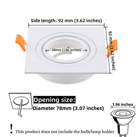 Two Pack Of Crisp White Square Recessed Lighting Trims With Angled Gu10 Downlight Housing And A Snug 3.07 Inch Ceiling Cutout showcasing side length 92 mm.