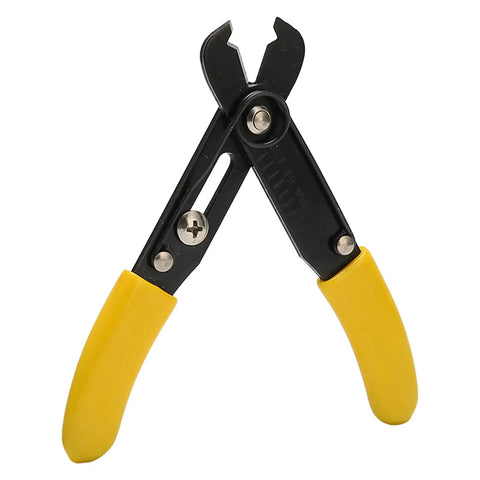 No Fuss Wire Strippers With A Comfort Rubberized Handle And High Precision Single Hole Cutter showing yellow rubber grips and alloy frame.