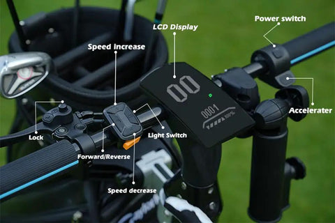 Foldable Electric Golf Scooter With Comfortable Seat And Umbrella Holder Powered By 2400W Dual Brushless Motors And Sweet 48V Battery showing LCD display and control buttons.