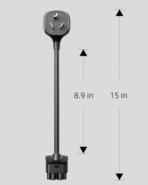 Nema 10-30 Adapter For Tesla Mobile Charger Gen Two showing 15in cable length and plug dimensions for dryer outlet use.