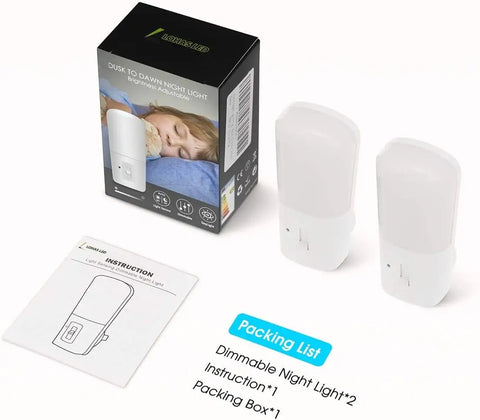 Dimmable Plug In Night Light with Dusk to Dawn Sensor, 5000K Daylight, Stepless 0 to 80 Lumens Brightness, two-pack with box and manual