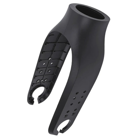 Black ABS electric scooter front fork guard protective shell replacement part shown from side angle for easy installation and impact protection.