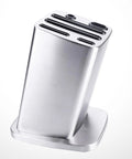 Six Slot Stainless Steel Knife Holder Rack with Anti Skid Pad and Tilt Style Design for kitchen or camping use.