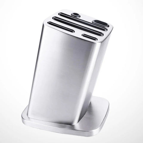 Six Slot Stainless Steel Knife Holder Rack with Anti Skid Pad and Tilt Style Design for kitchen or camping use.