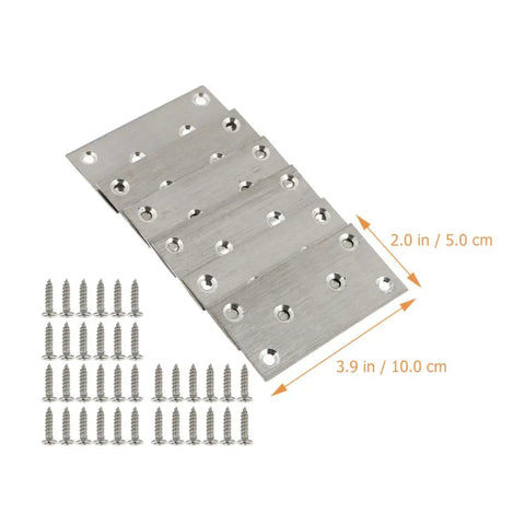 10 Pc Flat Corner Brace Plates For Furniture With Screws, Stainless Steel Mending Plates, showing size and included screws
