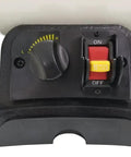 Control panel of 8 Inch Bench Grinder Featuring A Beast Mode 3/4 Hp Variable Speed Motor with variable speed dial and safety switch.