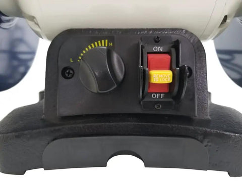 Control panel of 8 Inch Bench Grinder Featuring A Beast Mode 3/4 Hp Variable Speed Motor with variable speed dial and safety switch.