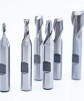 Beefy Single End 2 Flute End Mill Set, 6 Pieces, 3/8 Inch Shank, High Speed Steel, displayed in a plastic stand