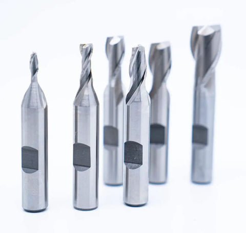 Beefy Single End 2 Flute End Mill Set, 6 Pieces, 3/8 Inch Shank, High Speed Steel, displayed in a plastic stand