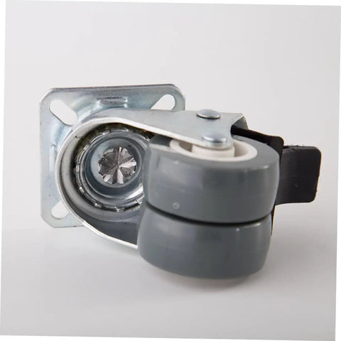 Built Tough Heavy Duty Twin Caster Wheels With Locking Brake 360 Degree Swiveling Premium Furniture Rollers For Cart Workbench Buttery Smooth Glide close-up of dual rubber rollers on iron mounting plate.