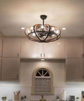 Rustic Ceiling Fan With Eight Dimmable Integrated Lights And Slick Smart Setup In Antique Pecan And Anthracite Finish over kitchen island.