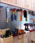 Heavy Duty Galvanized Steel Pegboard Panel 32 Inch By 16 Inch Tool Board For Garage and Workshop with tools displayed