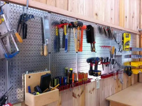 Heavy Duty Galvanized Steel Pegboard Panel 32 Inch By 16 Inch Tool Board For Garage and Workshop with tools displayed