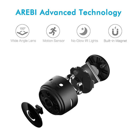 Disassembled view of Hidden Camera For Home Security 1080p HD Mini Spy Camera WiFi Wireless Indoor Nanny Cam with technical features.