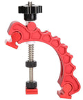 Heavy Duty Aluminum T Track Clamp For Woodworking with adjustable T slot, pivot points, and press rod in red color.
