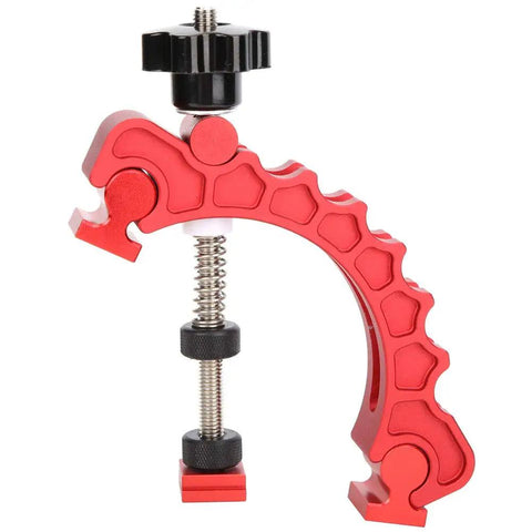Heavy Duty Aluminum T Track Clamp For Woodworking with adjustable T slot, pivot points, and press rod in red color.