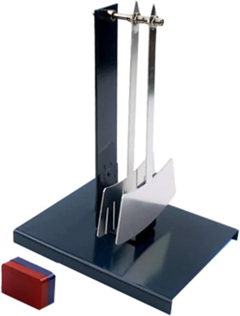 Hands On High School Physics Lab Damping Demonstrator With Adjustable Magnetic Field And Aluminum Versus Copper Plate Comparison Includes Digital Timer For Precise Lenz Law Analysis And Clear Electromagnetic Damping Demonstration showing base unit with metal plates and magnet.